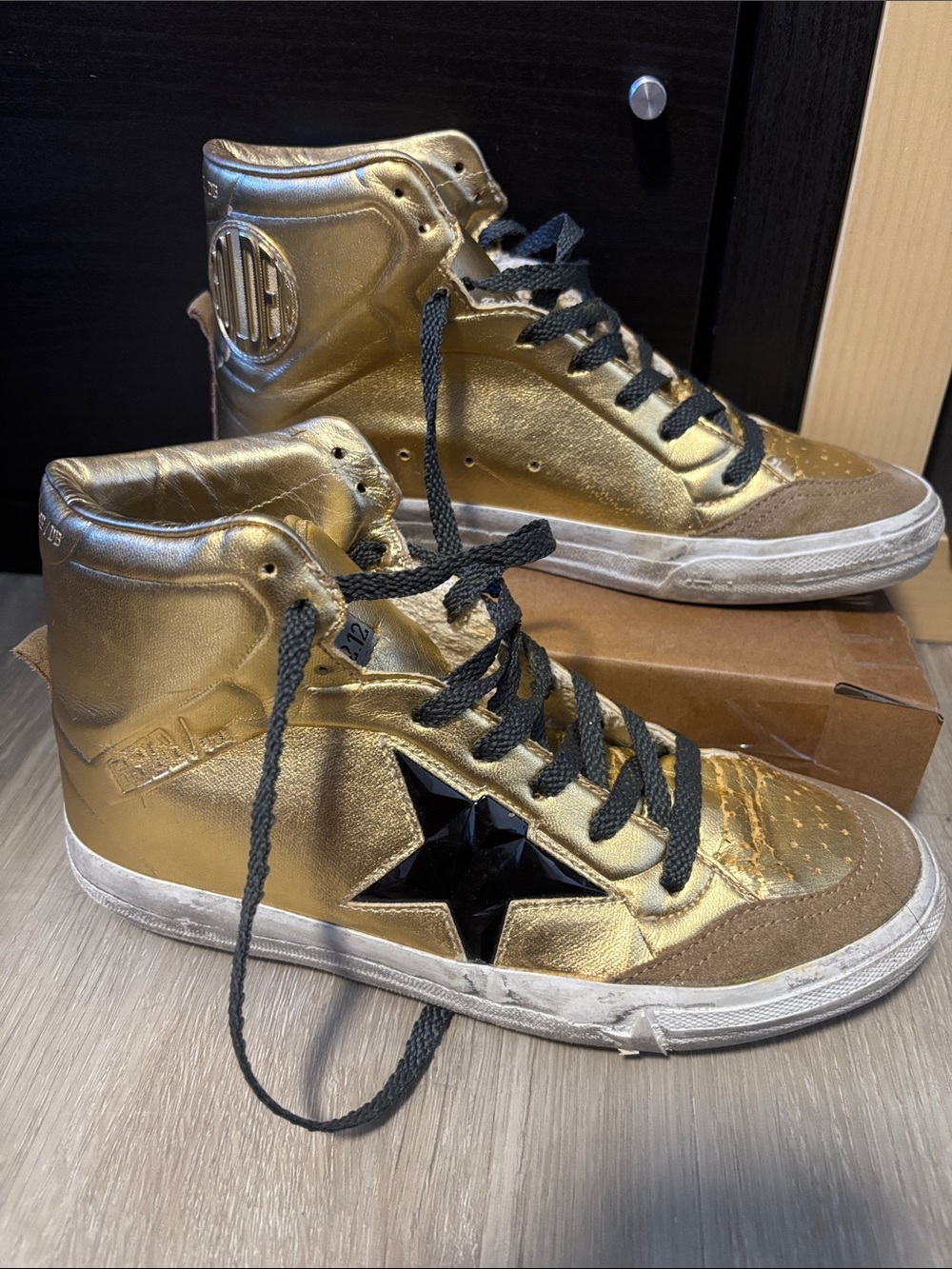 Golden Goose 2.12 Golden High-Top Sneakers with Black Star -